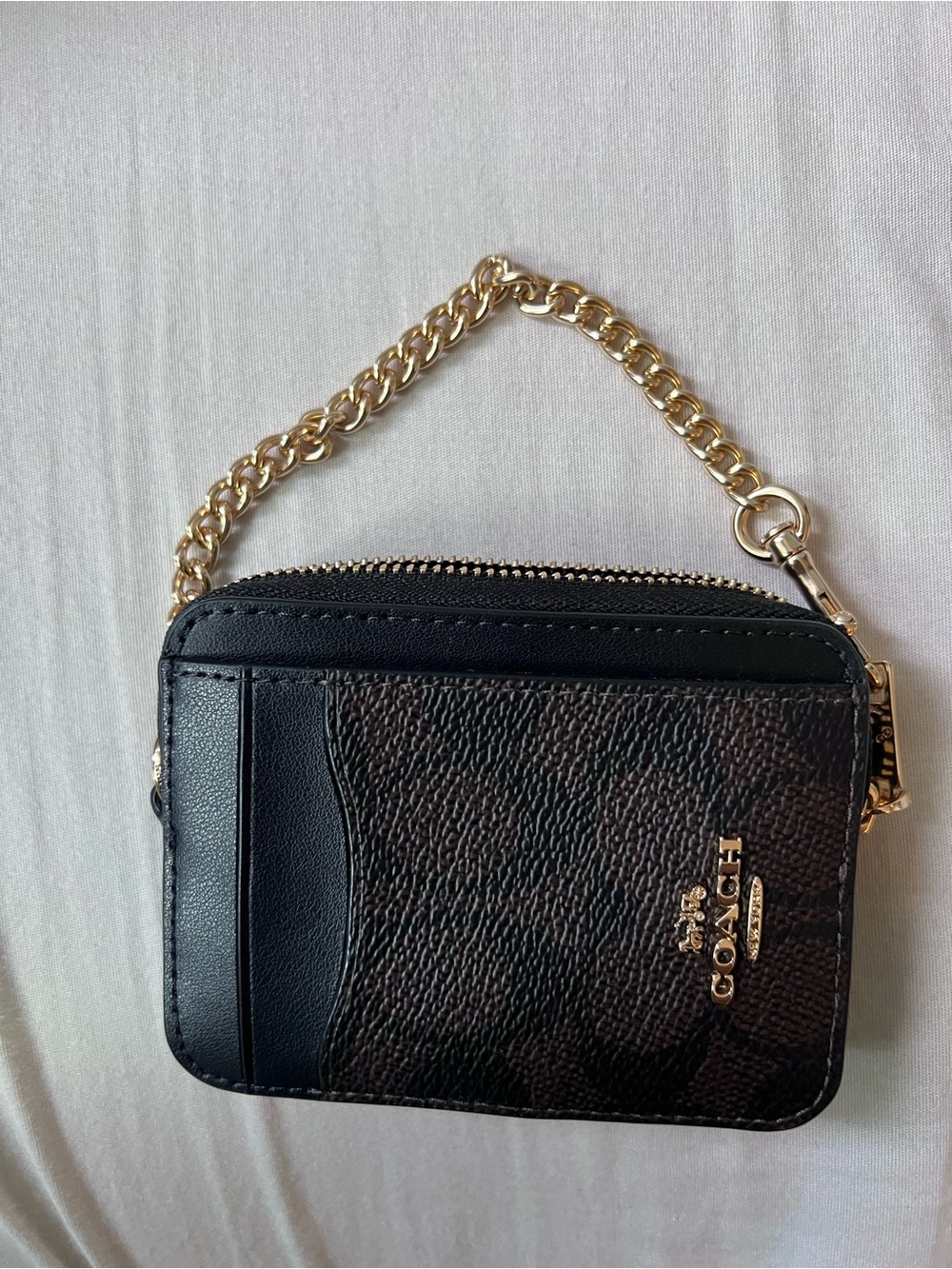 Coach Black and Brown Card Case with Gold Chain